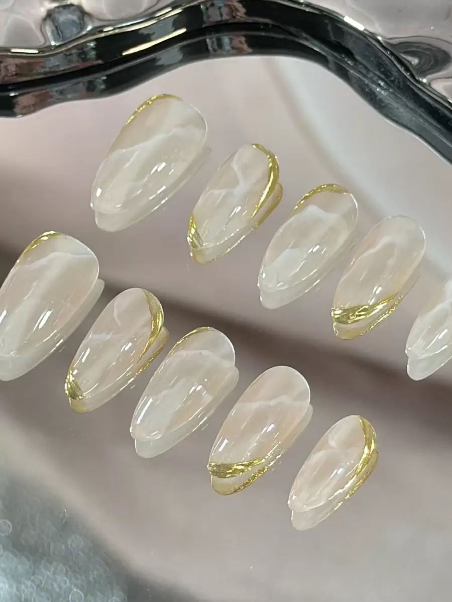 10pcs Handmade Almond-Shaped False Nails In Pure White Marble Design With Gold Line And Cute Colorful Accents, And High-End Style Press On Nails