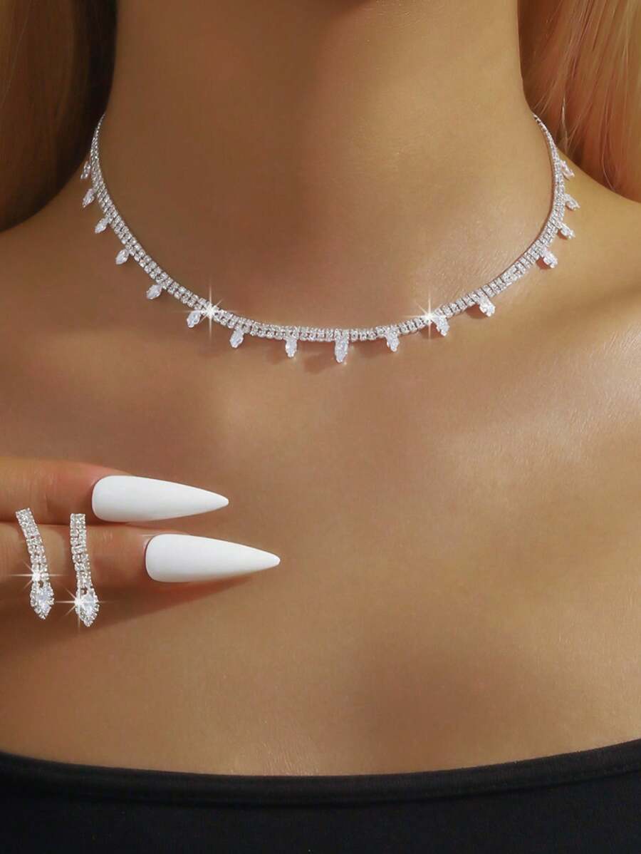 Sparkling Teardrop Cubic Zirconia Bridal Jewelry Set, Luxury Rhinestone Teardrop Earrings And Necklace Combo, Suitable For Formal Dinner, Wedding