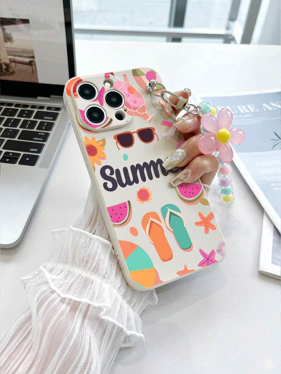 1pc White TPU Summer-Themed Anti-Fall Phone Cover And 1pc Pink Floral Beaded Phone Lanyard Compatible With IPhone, Matching And Fun Phone Cases, Android Phone Cases, Samsung, Xiaomi, Oppo, Compatible With IPhone 15 Pro MAX, Samsung A14, A54, A52, A31 4G, A23, Redmi Note 8 Pro, Note 11 Pro 4G And Note 12 4G, OPPO A54