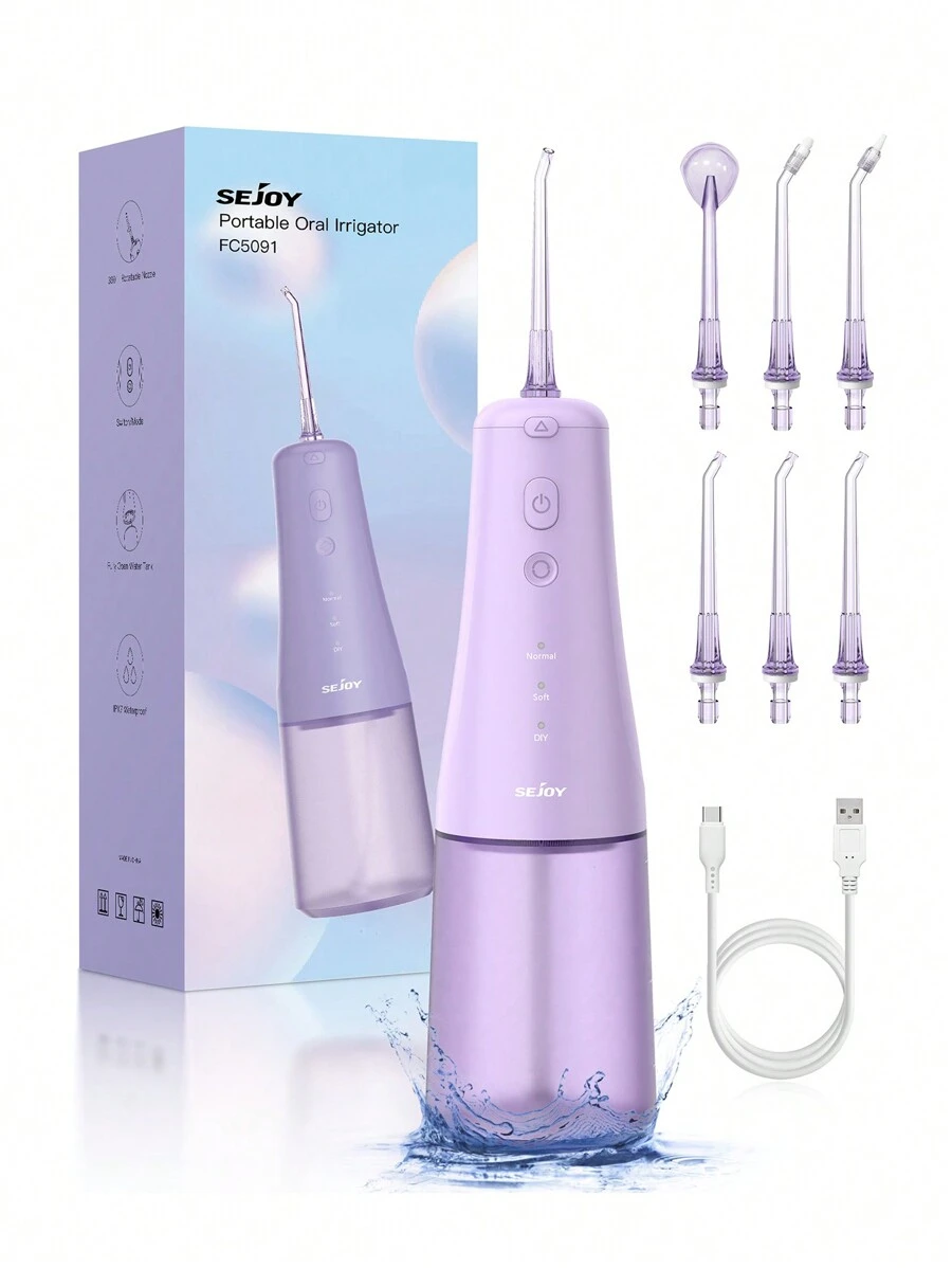sejoy Irrigatore orale wireless, vincitore del test dell'irrigatore orale Sejoy 2023 con 4 modalità di pulizia, 6 ugelli sostitutivi rotanti a 360°, irrigatore orale elettrico portatile da 300 ml, irrigatore dentale, impermeabile IPX7, per casa e viaggio