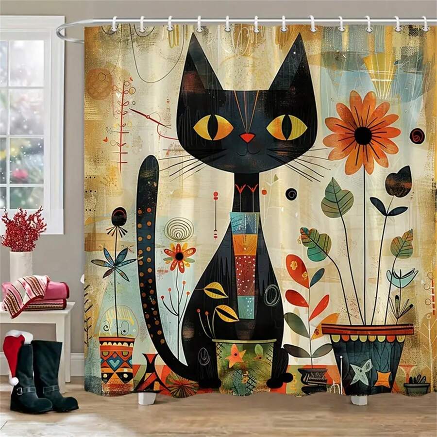 1pc Rustic Black Cat And Sunflower Shower Curtain, Vintage Watercolor Cartoon Cat Design, Polyester Fabric Bathroom Decor With Hooks, Washable, 70.8x70.8 Inches Summer Bathroom Accessories Back To School