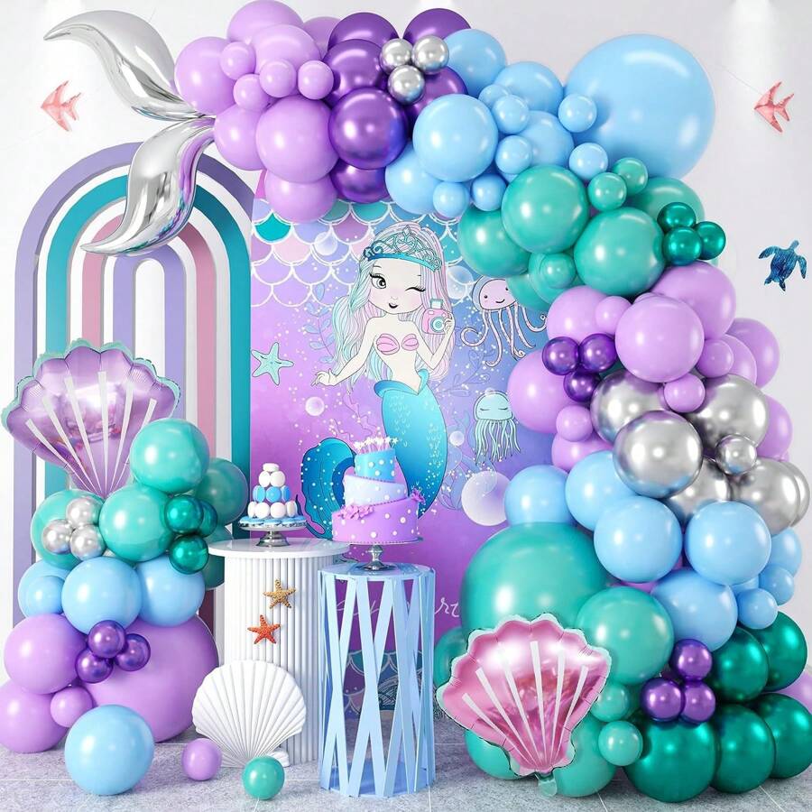 119pcs/Set Mermaid Theme Balloon Package For Festival Decoration, Shell Mini Foil Balloon For Birthday Party Background, Christmas