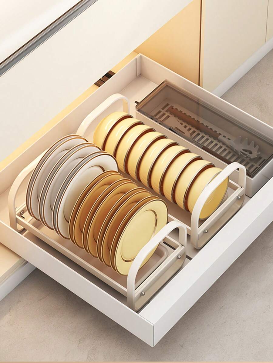 CASEGRACE 1pc Dish Rack Bowl Plate Storage Shelf For Cabinet, Bowl Plate Rack With Pull-Out Drain Tray, Kitchen Dish Storage Organizer