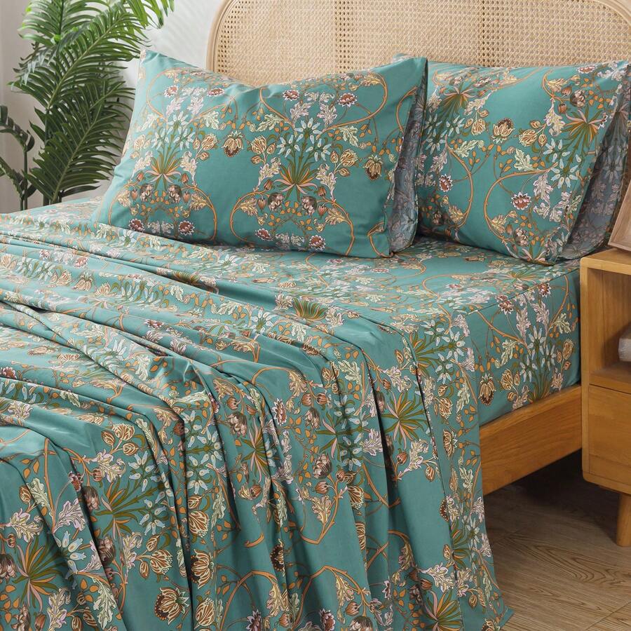 Zusbest Zusbest 4 Pcs Percale Cotton Teal Blue Bed Sheets Set Boho American Style Bedding Luxury Soft Breathable Crisp Bed Deep Pocket Fitted Sheet For All Season