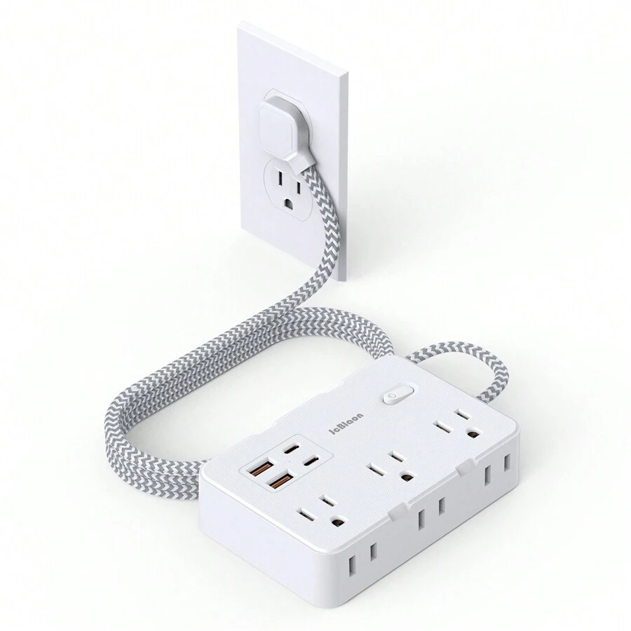 JcBlaon Flat Plug Surge Protector Power Strip, 5 Ft Braided Flat Extension Cord With 4 USB Charger(2 USB C), 6 AC Outlets Compact Desk Charging Station Wall Mount For Office, School, Dorm