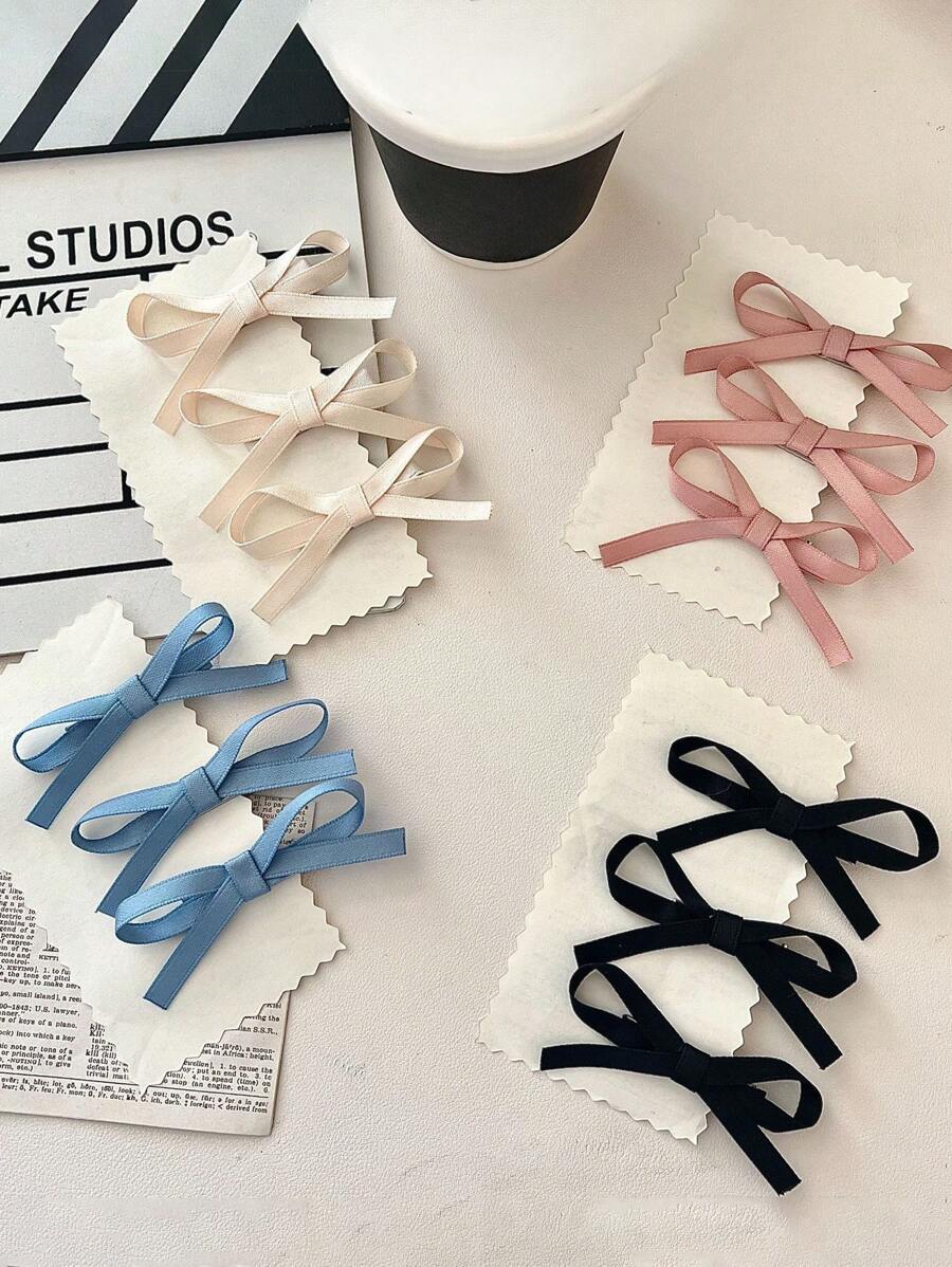 3pcs Girls' Bow Ribbon Hair Clips, Crocodile Hairpins For Ponytail, Bangs, Side Bangs, Headband, Simple Style, Suitable For Daily Wear