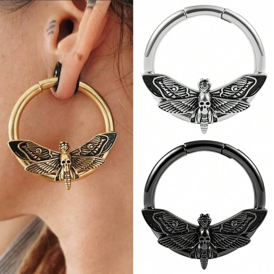 1 pieza Pesas para orejas con calaveras y mariposas para tapones perforados en el Body, túneles de piercing corporal de acero inoxidable para joyería corporal