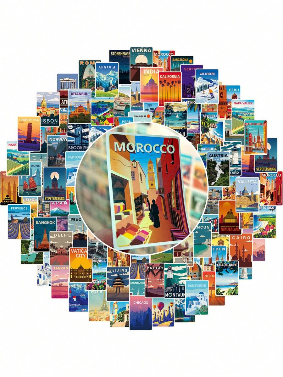 108pcs Scenery Poster Design Graffiti Stickers, Vintage Magazine Style Decorative Material For DIY Crafts, Decoration, Journaling, Photography Props Back To School