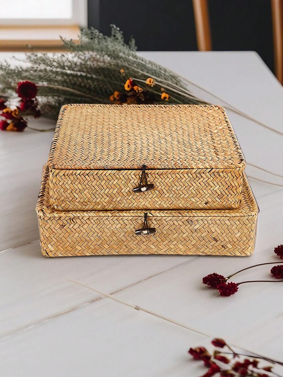 1pc Handmade Seagrass Woven Storage Basket With Lid, Personalized Gift Box, Suitable For Home Decor, Bathroom, Kitchen, Snack Storage Box, Jewelry Organizer, Gift Packaging, Bedroom, Living Room, Desk Makeup And Sundries Storage Basket