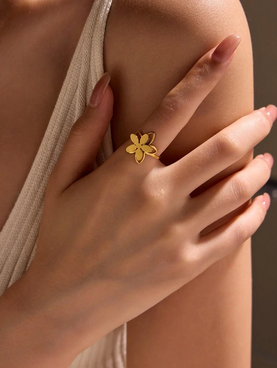 1pc Stainless Steel Golden Yellow Three-Dimensional Flower Single Ring, Fashionable And Simple, Suitable For Women's Daily Decoration Valentines
