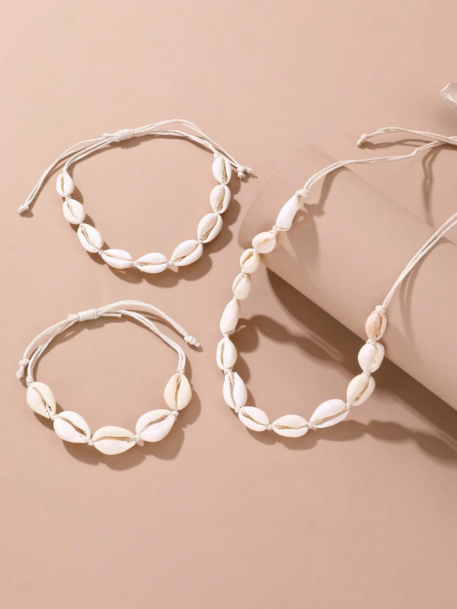 3 Stücke modische sommerliche Strand Stil Muschelkette, Fußkette und Armband Party-Set für Frauen
