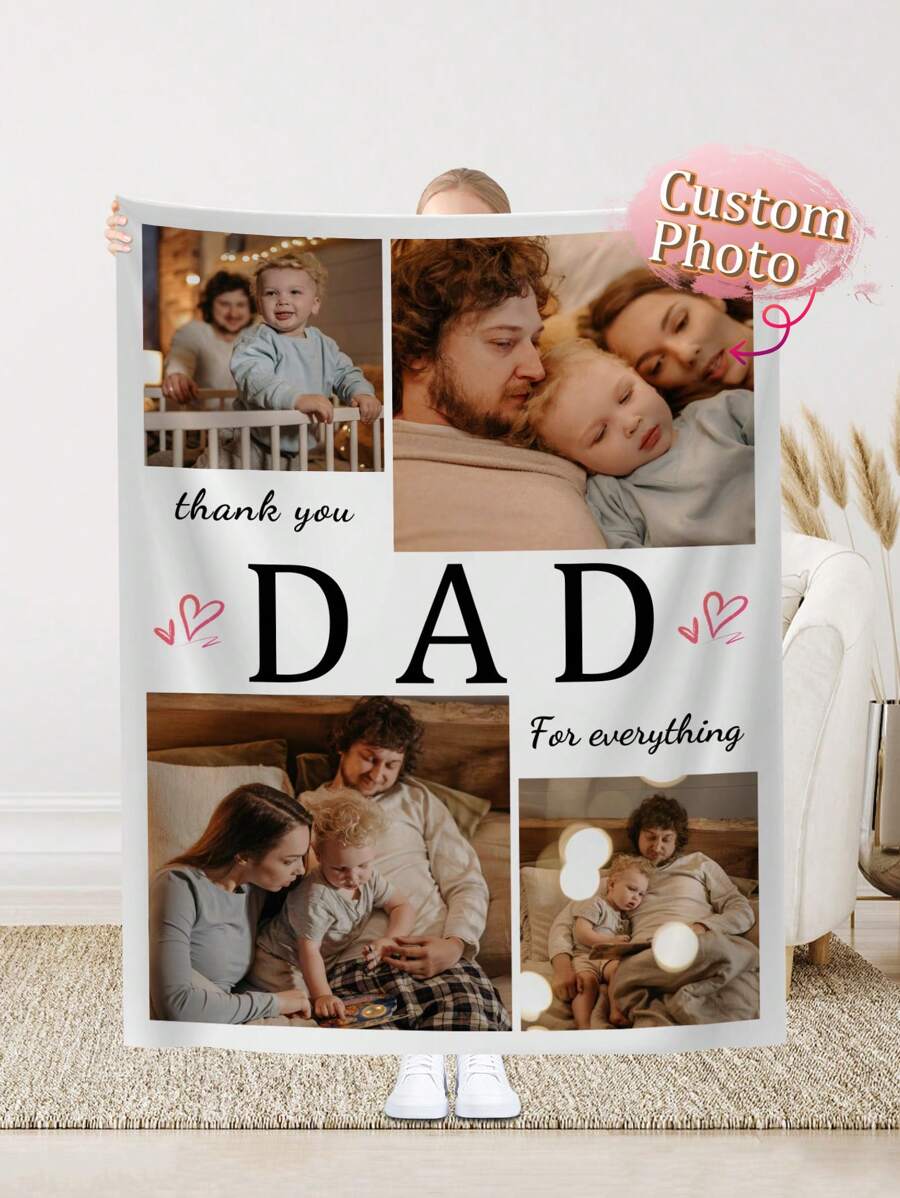 1pc Printed Flannel Coral Fleece Air Conditioned Blanket With Customizable Text And Photo For Dad, Father's Day Gift, Suitable For Living Room, Bedroom, Office Home Decoration/Party Decoration