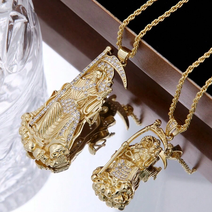 18K vergoldetes Kupfer mit eingelegtem Cubic Zirkonia Death God Anhänger Halskette, gedrehte Seil Kette, Hip Hop Stil, geeignet für und abgefahrene Punk Männer