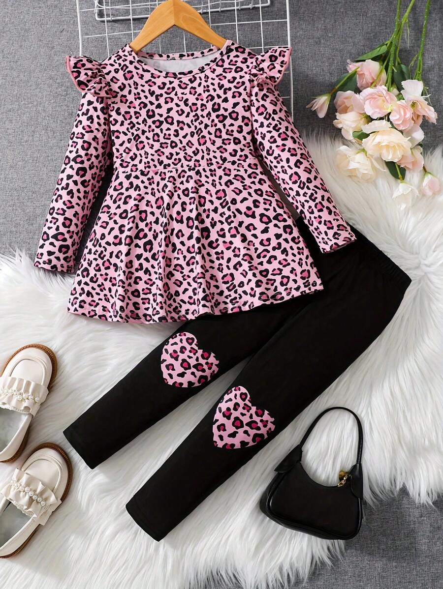 Set da 2 pezzi per ragazze giovani, composto da top a maniche lunghe con volant e stampa leopardata e leggings, adatto per primavera e autunno