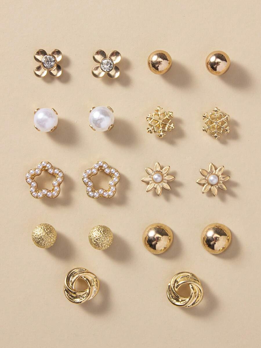 18pcs/Set Fresh Flower & Faux Pearl Stud Earrings Set, High-End Jewelry For Women's Everyday Wear Or As A Simple & Creative Festival Gift Valentines,Mom,Mother,Mother's Day,Gift