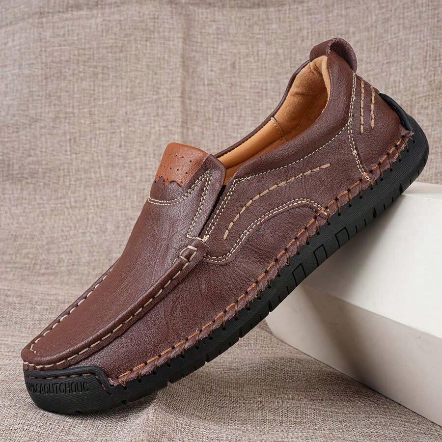 New Hand-Stitched Men's Outdoor Casual Shoe Slip-On Flat Leather Shoe Spring Low-Cut Breathable Plus Size Loafers