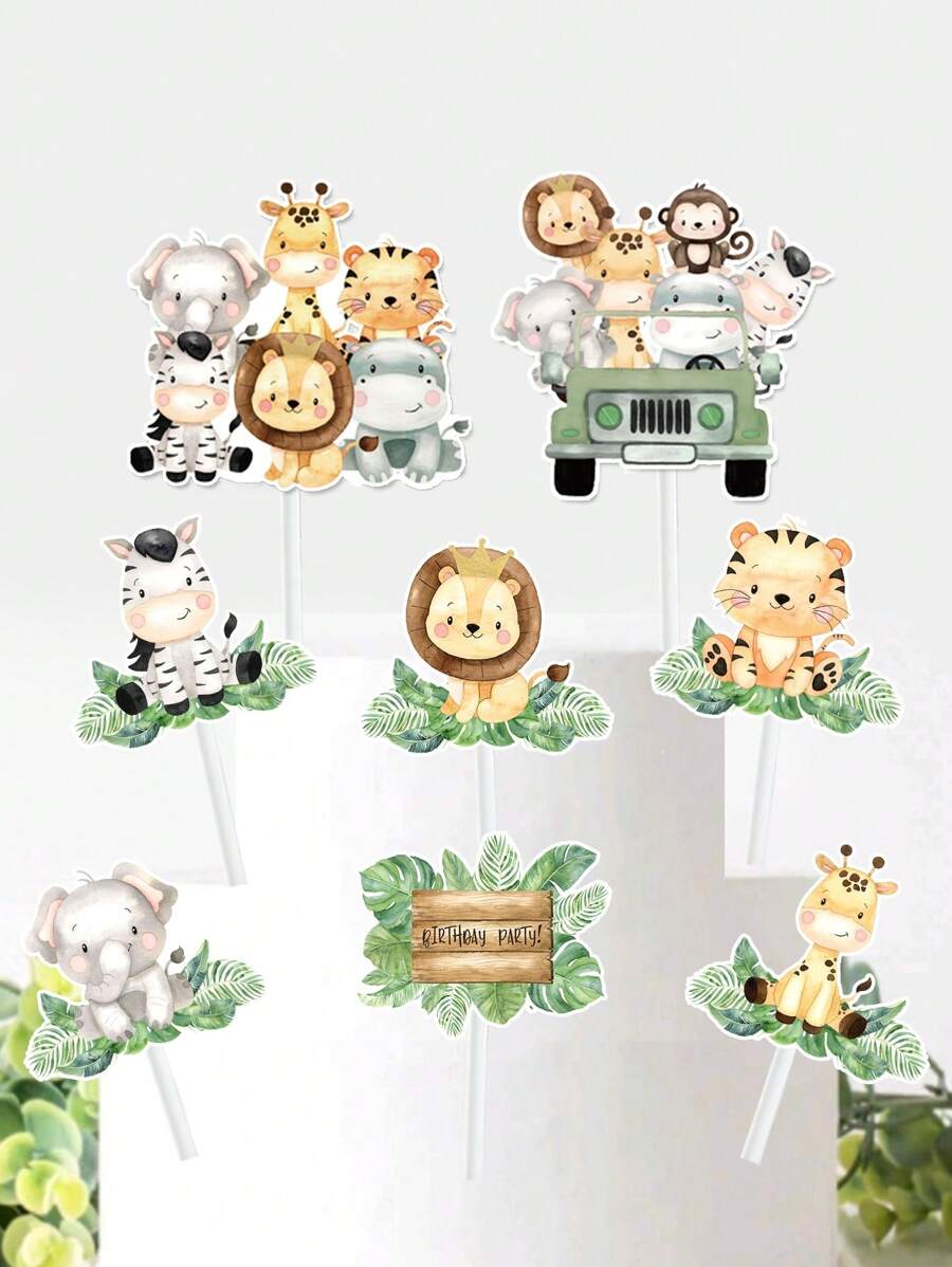 16pcs Jungle Style Cake Decoration,Animal Cupcake Topper,Happy Birthday Party Decorations, Jungle Theme Party,Holiday Party Cake Decor,Party Cake Supplies Party Food Decor, Back To School Valentine Day