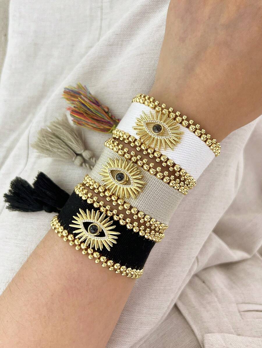 1 pulsera de tela de ojo y borla con cuentas negras / blancas / grises / cobre y tamaño ajustable