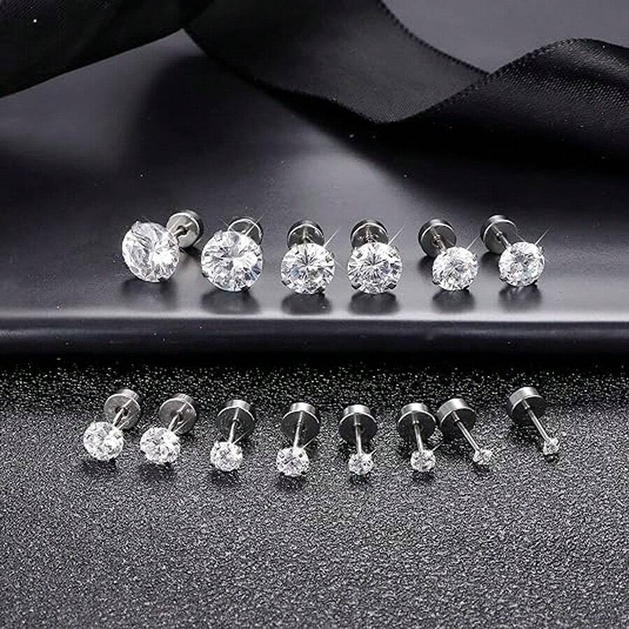 6pcs/Set 3mm - 8mm Hypoallergenic Flat Back Earrings For Women & Men, Silver Stainless Steel Stud Earrings With Cubic Zirconia Birthstone, Suitable For Sensitive Ears