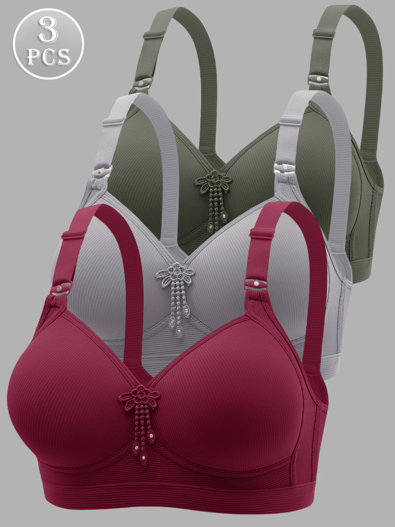 3 Pcs Women Solid Color Wireless Gather Uplift Comfort Bra Set