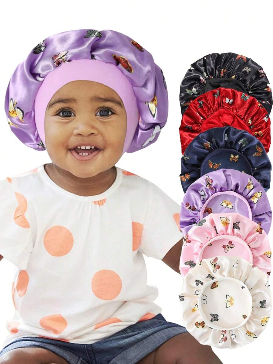 Awegeo 1pc Children's Bonnet Hat With Butterfly Print, Wide Brim, Elastic, Smooth & Silky Texture, Fashionable Sleep Cap, Casual, Comfortable, Soft, Breathable, Hair Protecting Cap