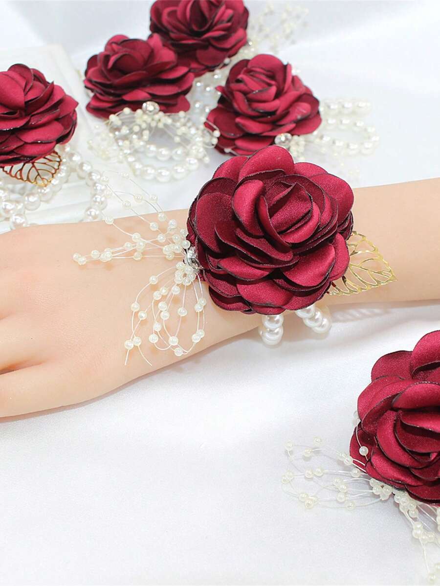 6pcs/1pc Wrist Corsage With Fake Roses, Bridal Bridesmaid Wrist Flowers For Wedding Party Decor