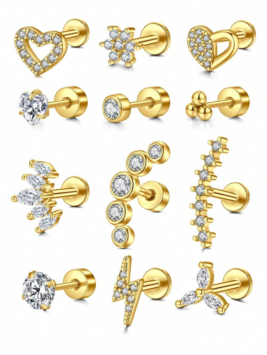 CIZME 1PC Gold Cubic Zirconia Cartilage Earrings, Lip Rings, Stud Piercing Jewelry For Cartilage/Tragus/Helix/Conch, Stainless Steel Helix Tragus Cartilage Earring For Women, 16G 20G Cartilage Earring, Helix Earrings Flat Back Cartilage Helix Conch Piercing Jewelry For Women, 16G 20G Tragus Earrings For Women, Flat Back Cartilage Earring Stainless Steel, Flat Back Stud Earrings Labret Conch Helix Cartilage Tragus Piercing Jewelry