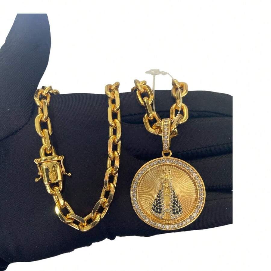 Cordão Cadeado 8mm + Pingente Nossa Senhora - Banhado a Ouro 18k