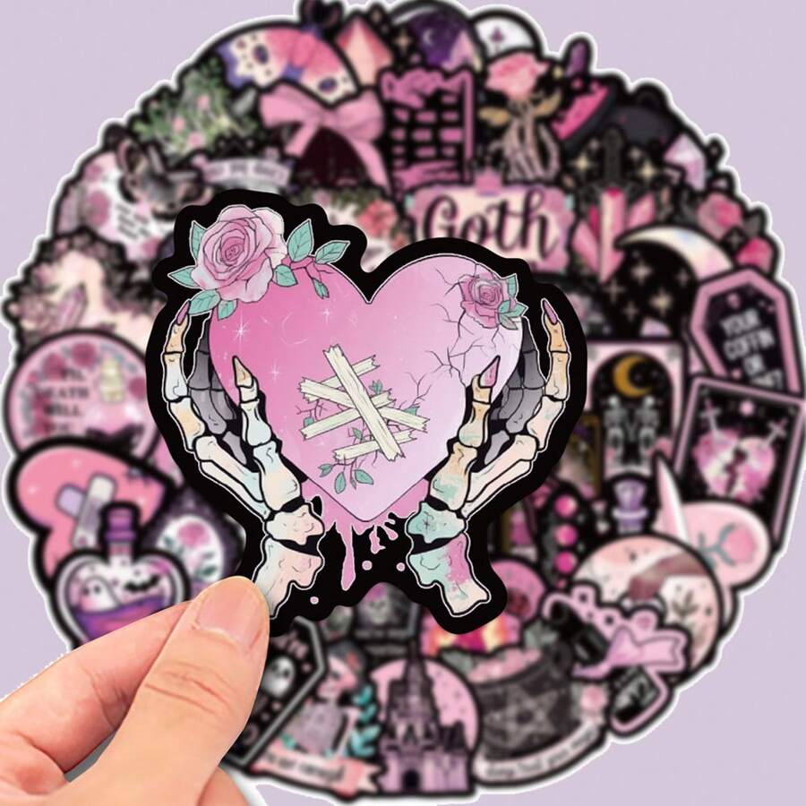 50pcs Black & Pink Gothic Skull Floral Rose Graffiti Stickers, Personalized Decals For Guitar, Notebook, Luggage, Laptop, Motorcycle, Skateboard