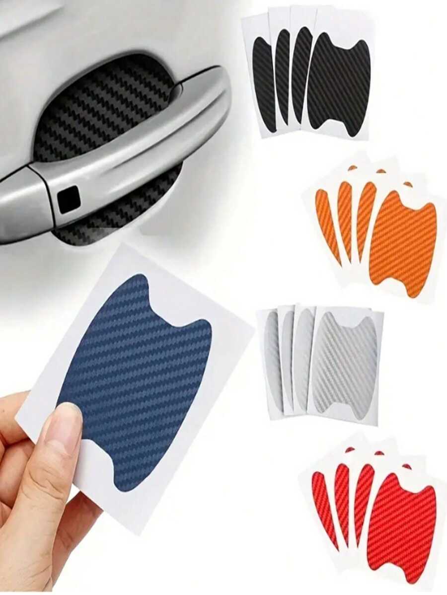 4pcs Car Door Handle Protection Stickers, Carbon Fiber Adhesive Film For Door Handle & Wrist Guard
