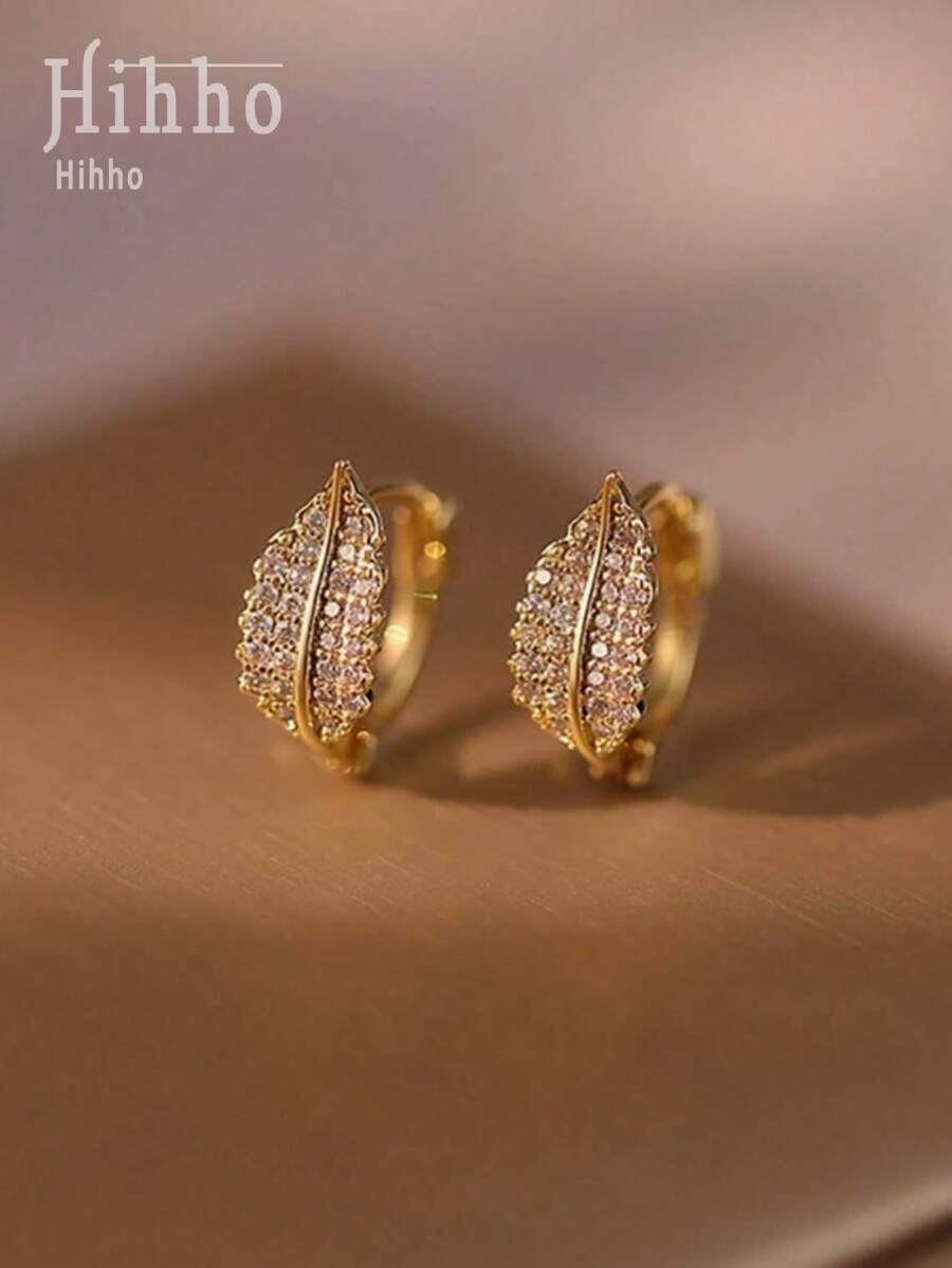 Hihho 1pair Delicate Micro-Inlaid Cubic Zirconia Leaf-Shaped Hoop Earrings, Suitable For Women's Daily Decoration