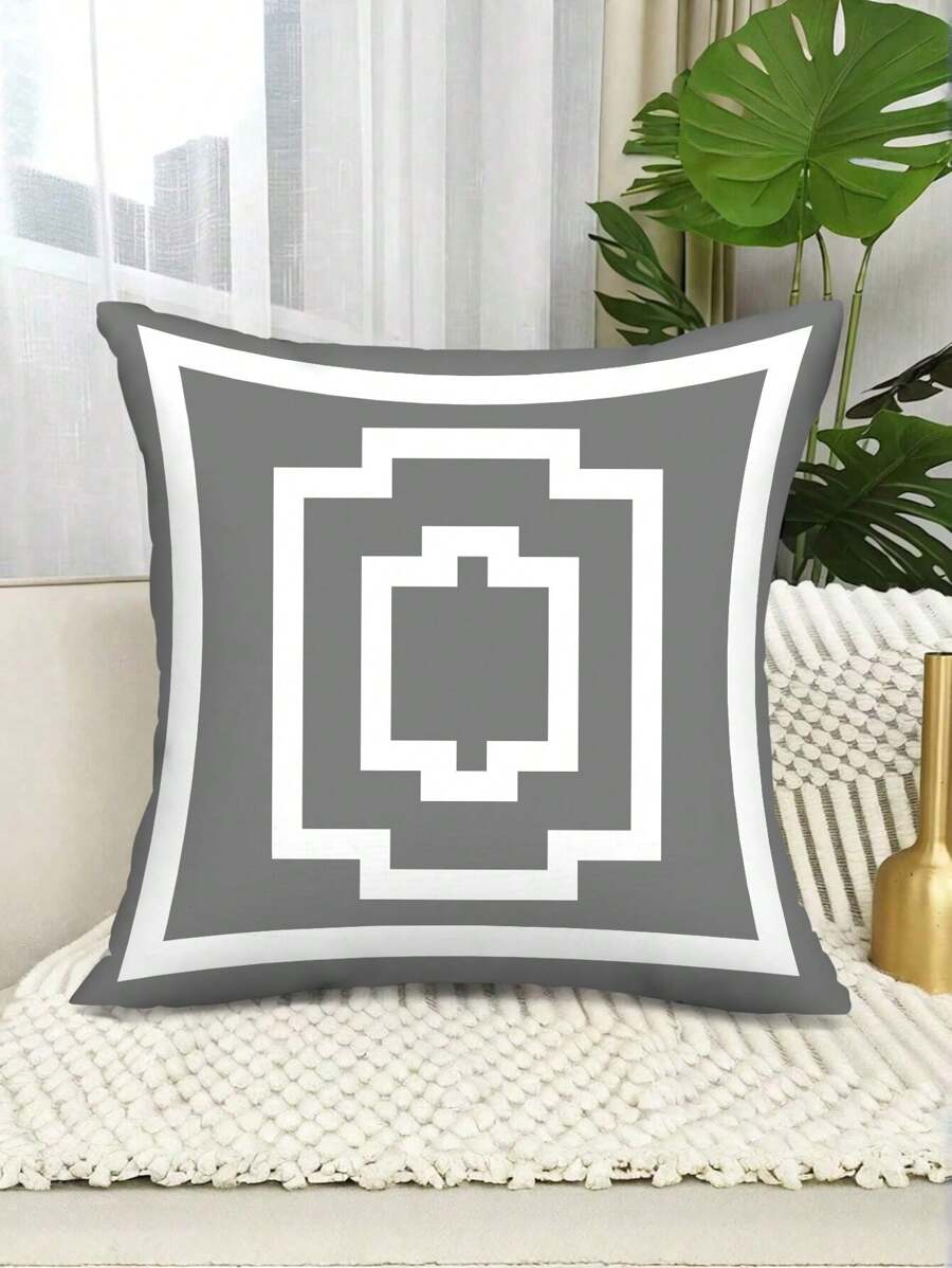 1 pieza Funda de almohada con patrón geométrico gris y blanco, cubierta de cojín de piel de durazno suave para decoración de hogar/oficina (No incluye el núcleo de la almohada)