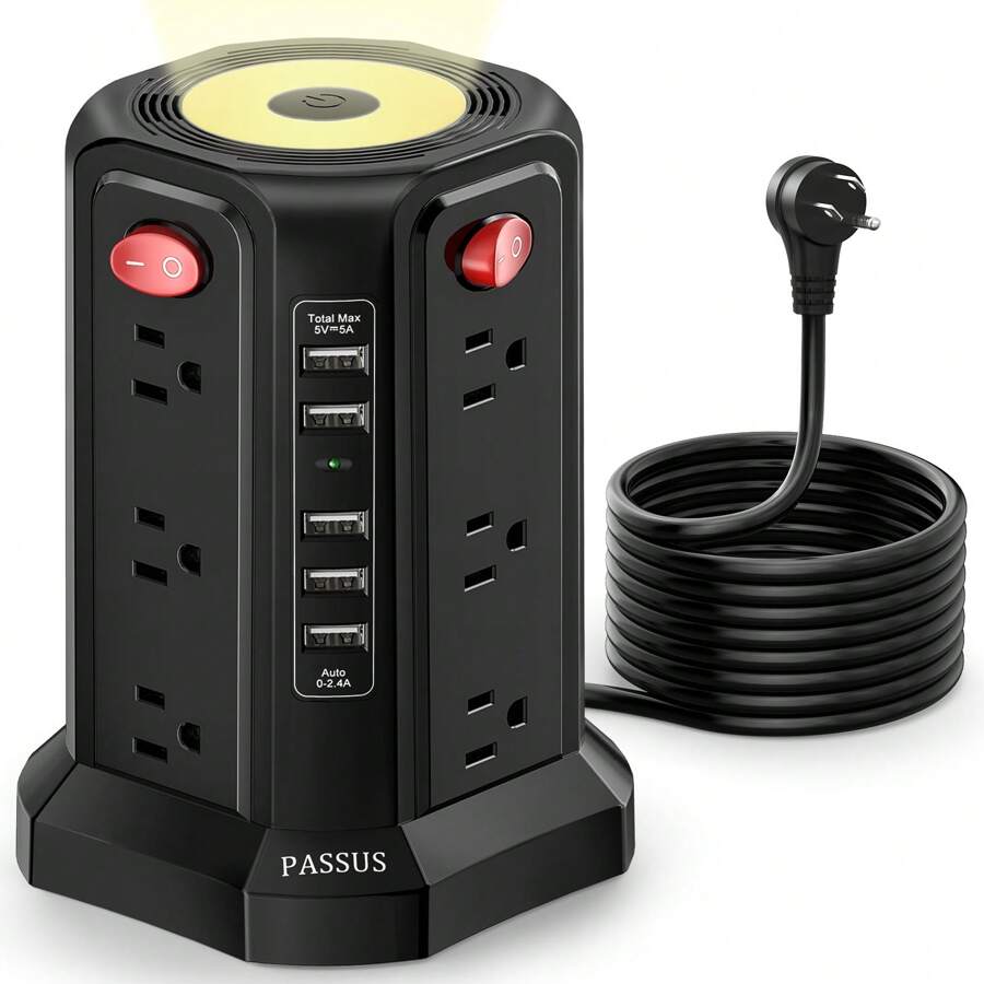 PASSUS Surge Protector Electrical Sockets With 5 USB Ports And Night Light, 10FT Extension Cable With 12 AC Multi-Sockets, PASSUS Power Tower, Overload Protection For Home Office Dormitory (Black)