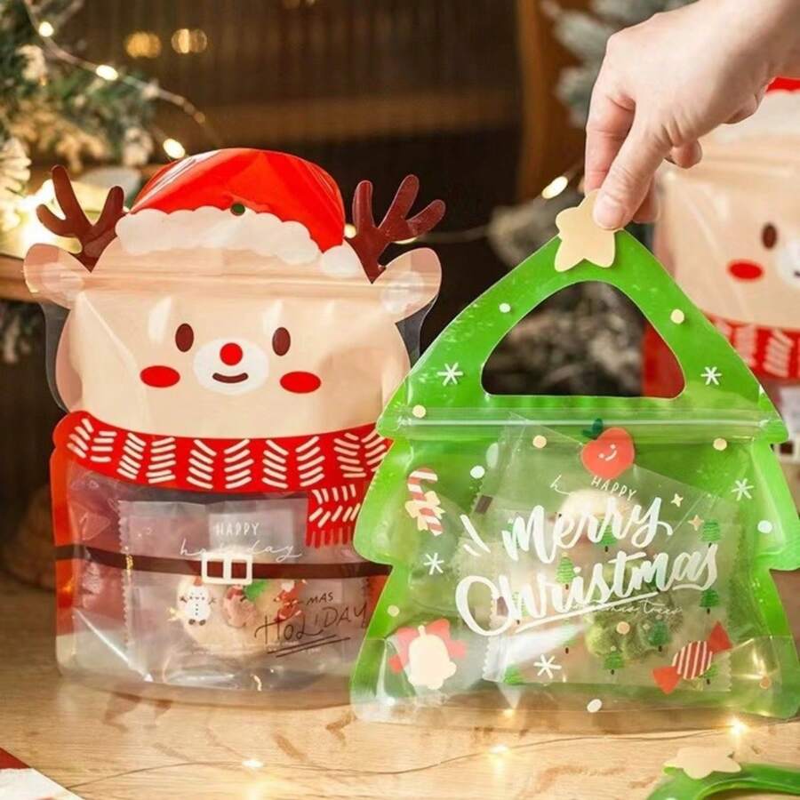 10pcs Christmas Party Candy Biscuit Chocolate Sealed Packaging Bags, Creative Cartoon Cute Version Gift Packaging Bags