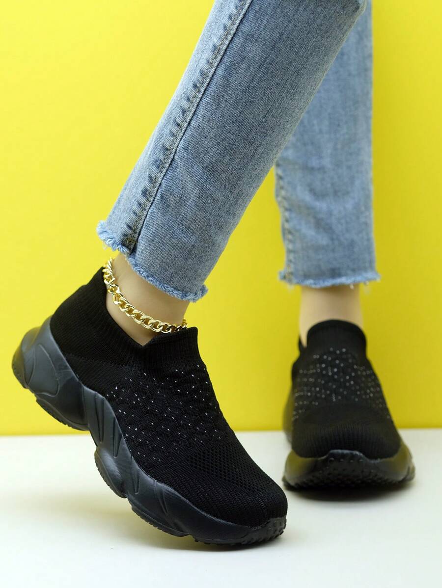 Zapatillas deportivas casuales de mujer con decoración de puntos negros, cojín de aire, amortiguación de choque y de punto, tipo mocasín slip-on