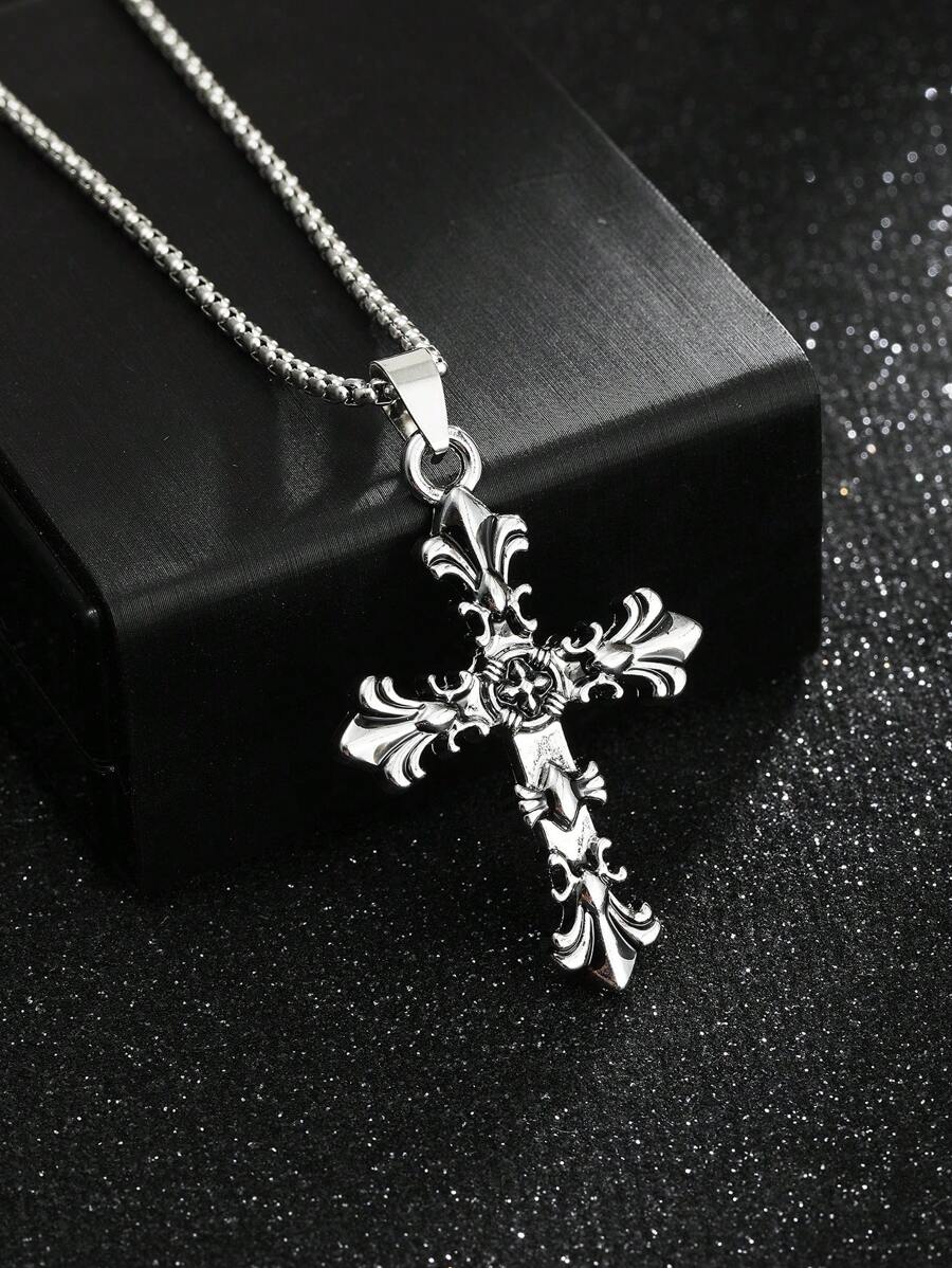 1pc European And American Cross Pendant Necklace, Retro Style Jewelry, Non-Fading Men's Fashionable Summer Necklace For Both Genders, Hip-Hop Designed Sweater Chain Pendant, Apparel Accessory For Gifts Or Wholesale, Suitable For Daily Wear For Men