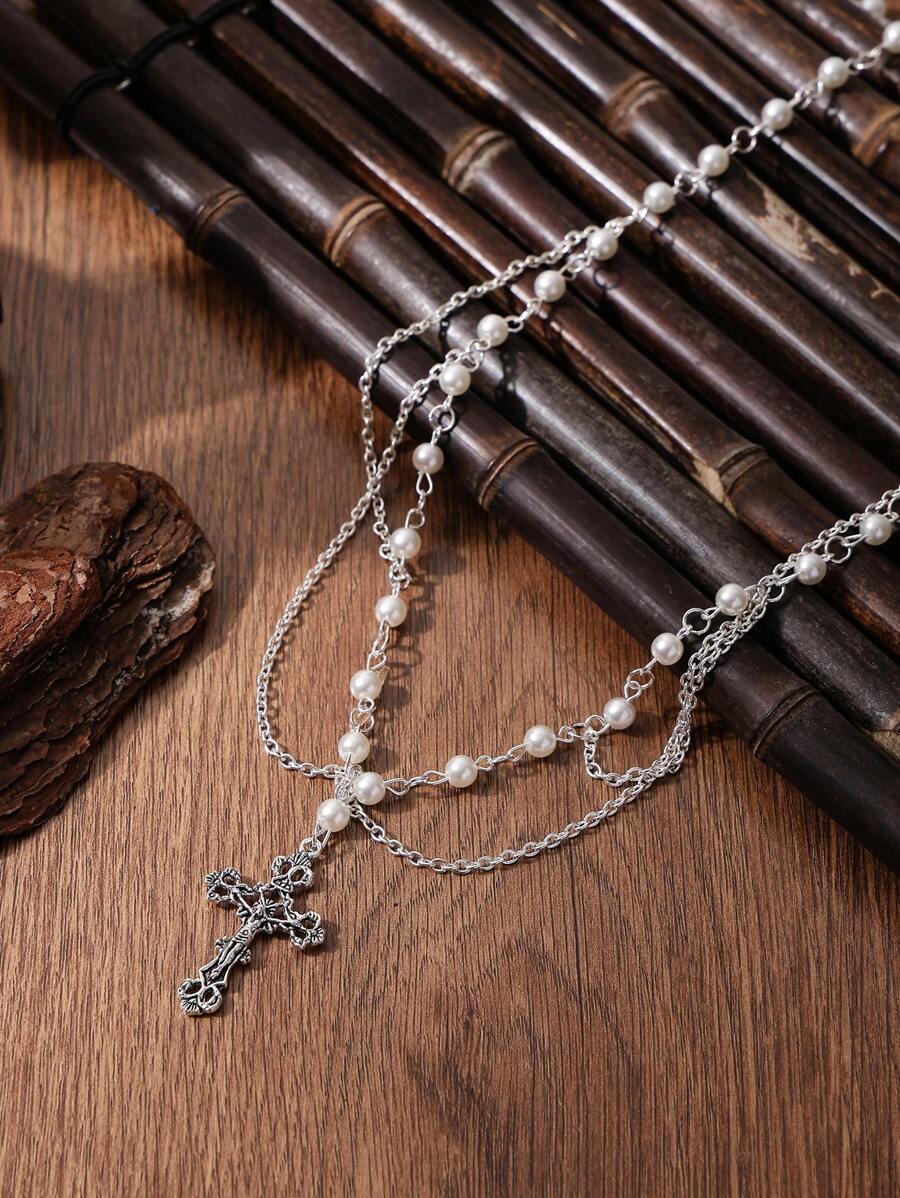Victorian Gothic Cross Necklace With Chain Charm Handmade Sacred Faux Pearl Beaded Layered Jewelry Mother's Day Gift For Her