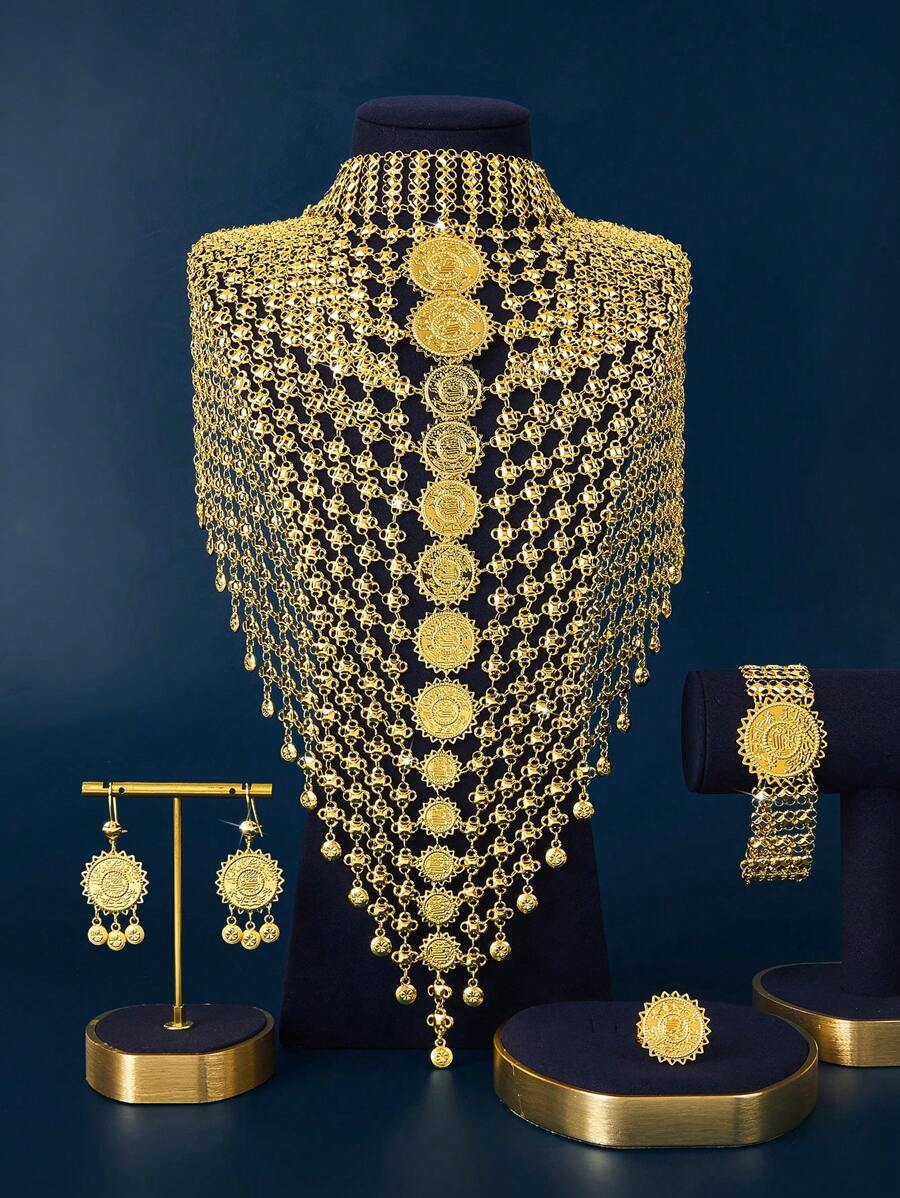 A Set Of Accessories Suitable For Gulf Countries, Such As A Simple, Stylish, Sweet, Exaggerated And Retro European And American Style, In Golden Color And Copper Material, With High-End And Atmospheric Fashion. It Includes A Necklace, Bracelet, Ring, And Earrings. Perfect For Outings, Casual Gatherings, Daily Wear, Christmas, And Other Festival Gifts For Girlfriends And Parents.