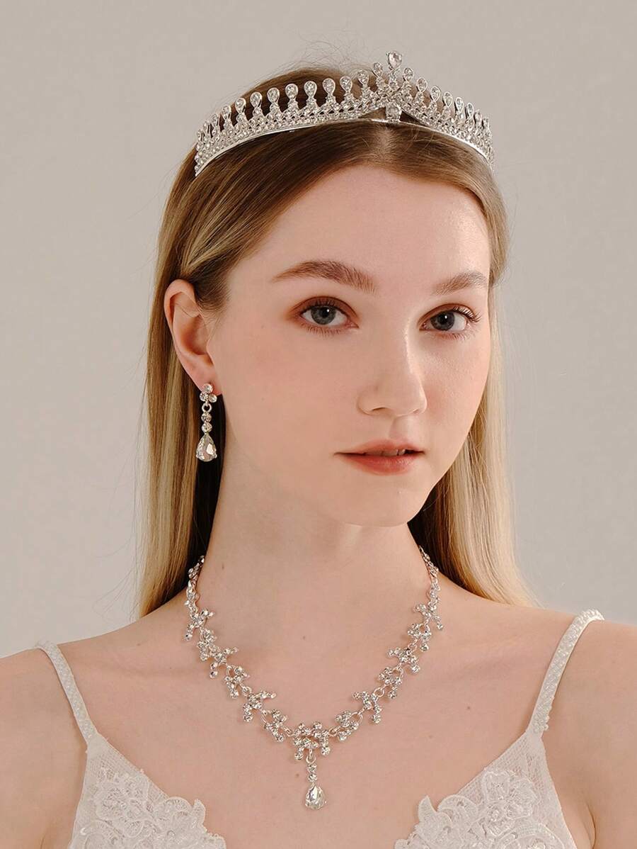 4pcs/Set Luxury Rhinestone Crown Necklace & Earrings Set, Bridal Wedding Party Jewelry Accessories