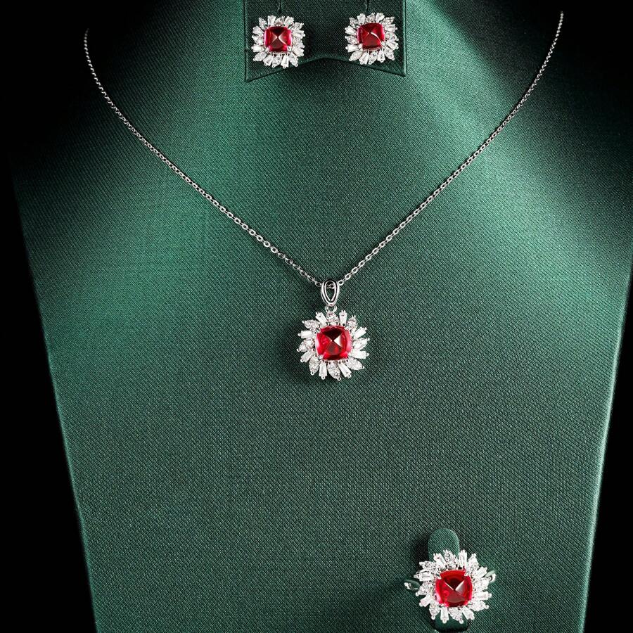 Conjunto de 3 joyas falsas de piedras preciosas rojas (aretes, anillo, collar). Bañado en cobre puro y chapado en oro blanco. Adecuado como regalo de cumpleaños, para uso diario o como joyería de fiesta.
