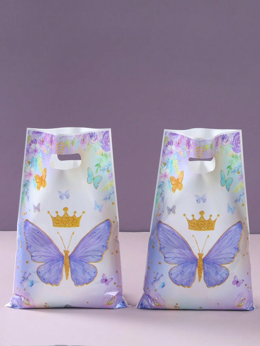 25 piezas de bolsas de regalo con estampado de mariposas moradas, suministros de decoración para fiesta de cumpleaños, fiesta familiar, día festivo, bolsas de regalo de agradecimiento, suministros multiusos para envolver regalos, Navidad, Día de San Valentín
