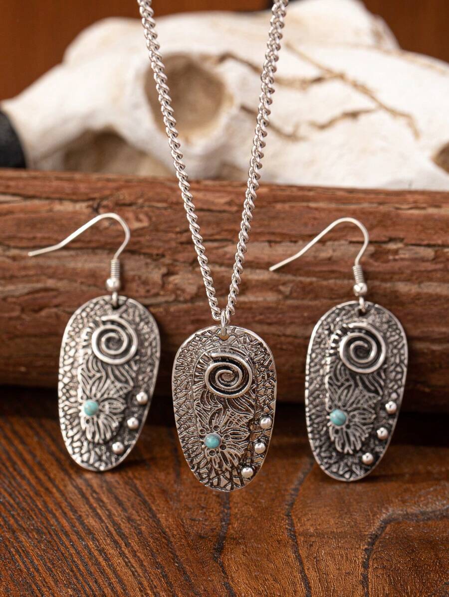 Conjunto de joyería de 3 piezas con colgante de cabeza de vaca montañesa, aretes y collar con piedra de turquesa azul para mujer