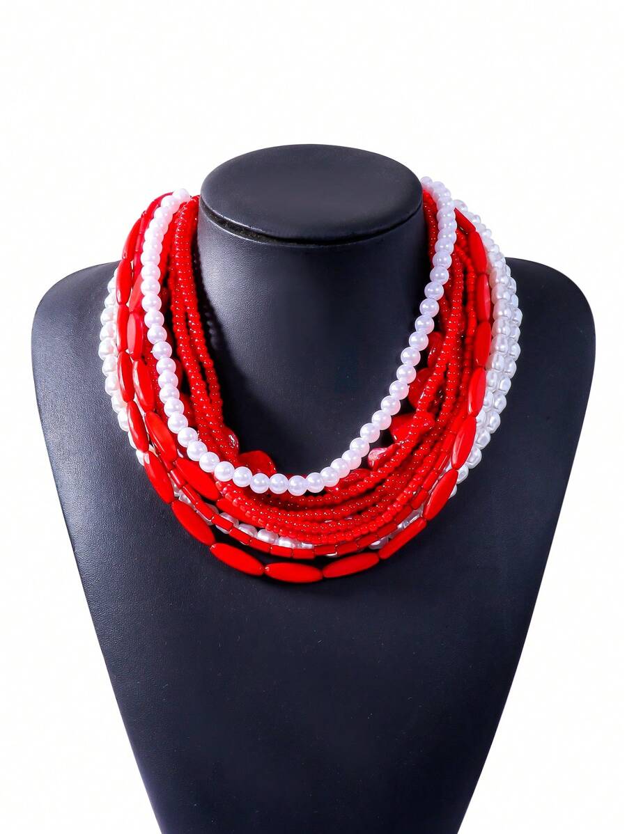 juran 1pc Women Multi-Layer Faux Pearl Necklace, Beaded Necklace