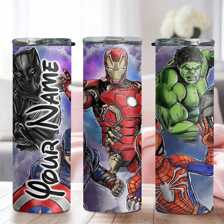 1pc 20oz Customized Name Heroes Pattern Stainless Steel Cup With Lid, Straw, Double Wall Insulated & Leakproof, Reusable Travel Mug Suitable For Birthday, Christmas, Easter, For Him Her, Boyfriend, Girlfriend, Dad, Mom, Family, Friends For Anniversaries, For Valentine's Day, For Mother's Day, For Birthdays, For Children's Day, For Father's Day, For Graduation, For Weddings, For Housewarming Dining Room, Living Room, Bedroom, Office, Tea Room, Home, School