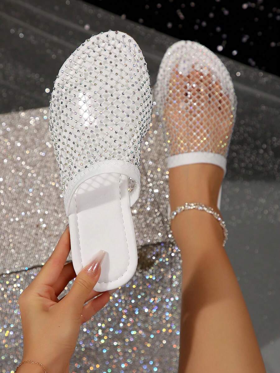 Women's Flat Sandals With Hollow-Out Rhinestone, 2025 New Summer Non-Slip Fishnet Beach Vacation Slip-On Sandals, Black & Apricot, Fashionable Elegant Glamorous Music Festival Punk Chic Sexy