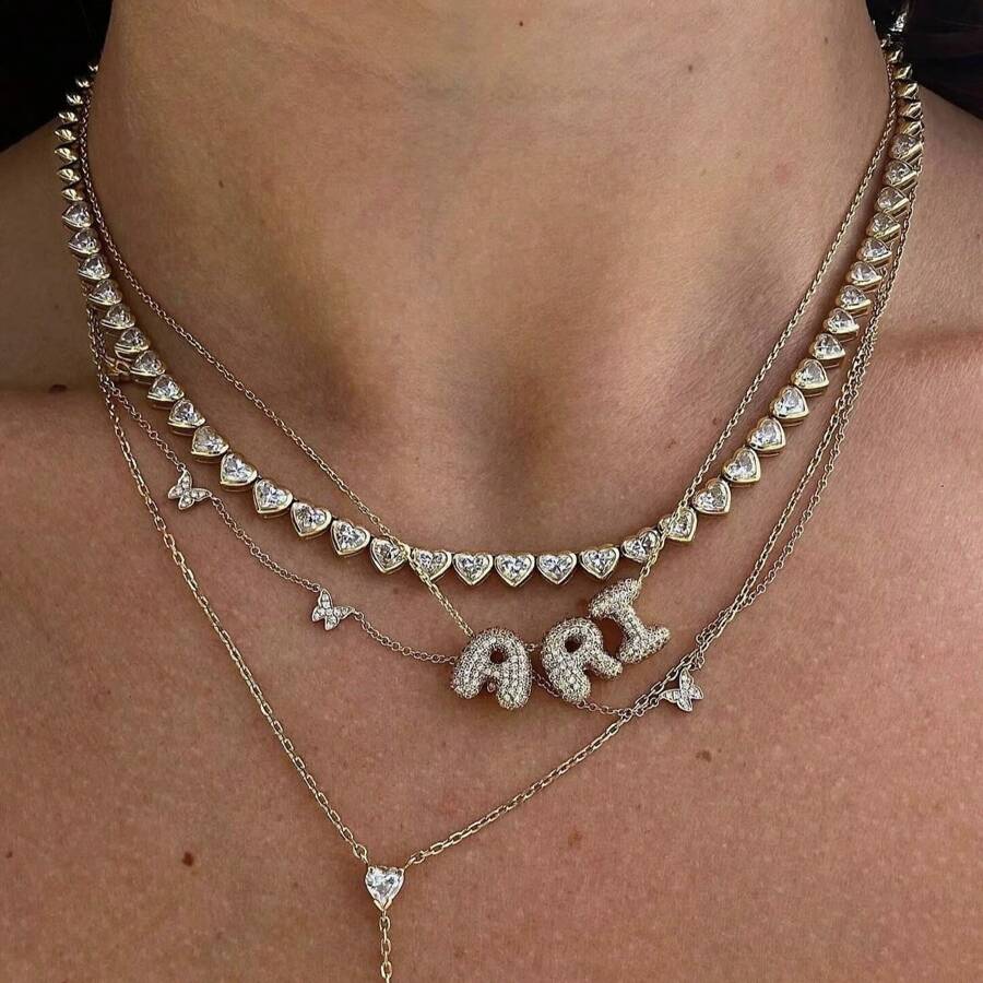 New 18K Gold Plated Cubic Zirconia Encrusted Bubble Pendants With 26 English Letter DIY Name Necklace
