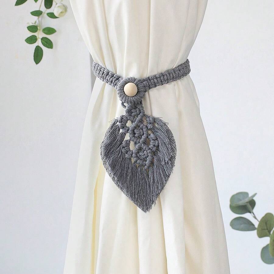 2 pezzi Cinghie per tende stile boho con nappine, senza fibbia, forma a foglia con decorazioni in legno e corda, decorazione tende, ottimi regali