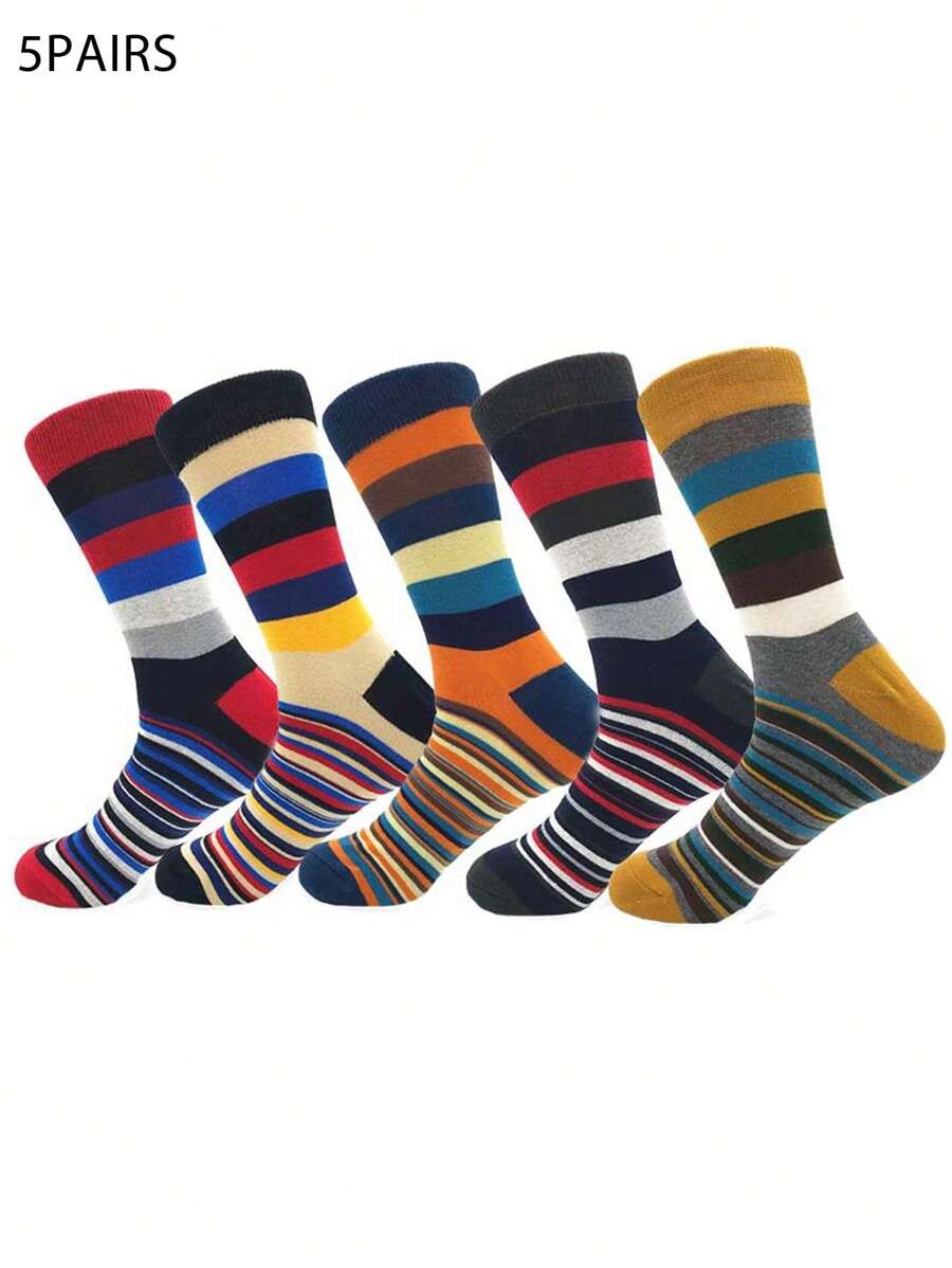 5 pares de Calcetines de tubo de hombre de talla grande de color clásico con rayas gruesas para primavera / invierno