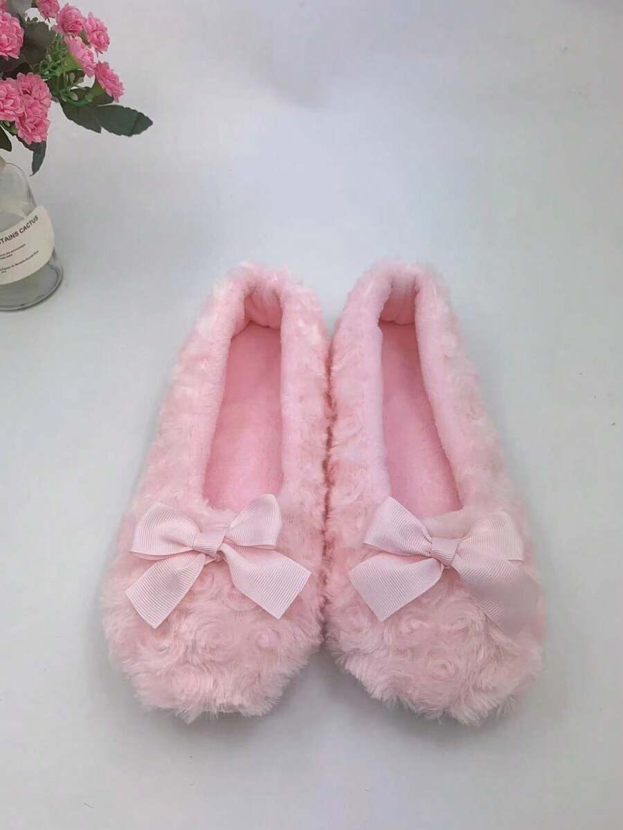 Women Tie-Dye Rose Embossed Rabbit Fur Bowknot Ballerina Slippers, Soft Bottom Indoor House Slippers
