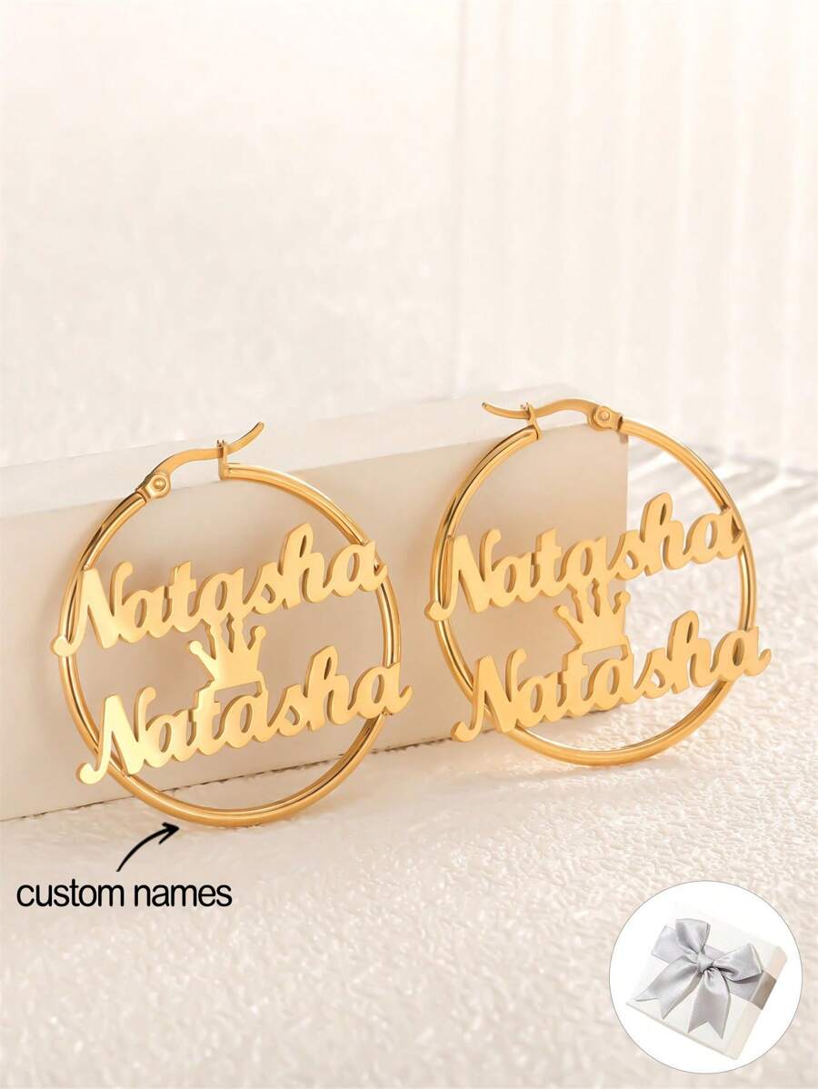 1pair Customized Double Name Hoop Earrings, Personalized Crown Name Circle Earrings, Custom Name Gifts For Girlfriend, Multiple Name Hoops, Valentine's Day Gift, Mother's Day Gift, Birthday Gift, Christmas Gift, Graduation Gift, Bridesmaid Gift, Wedding Gift